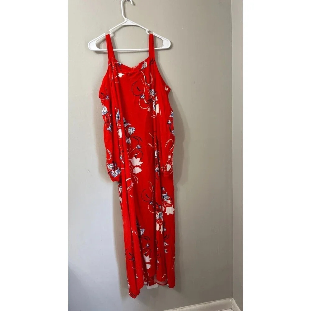 Yas Womens Red Maxi Dress Large Bluebells LS Ancle Floral Cold Shoulder - Picture 9 of 12